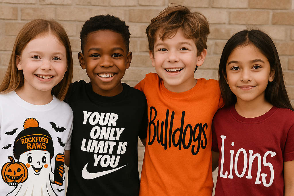 Four children wearing school-themed t-shirts in front of a brick wall.